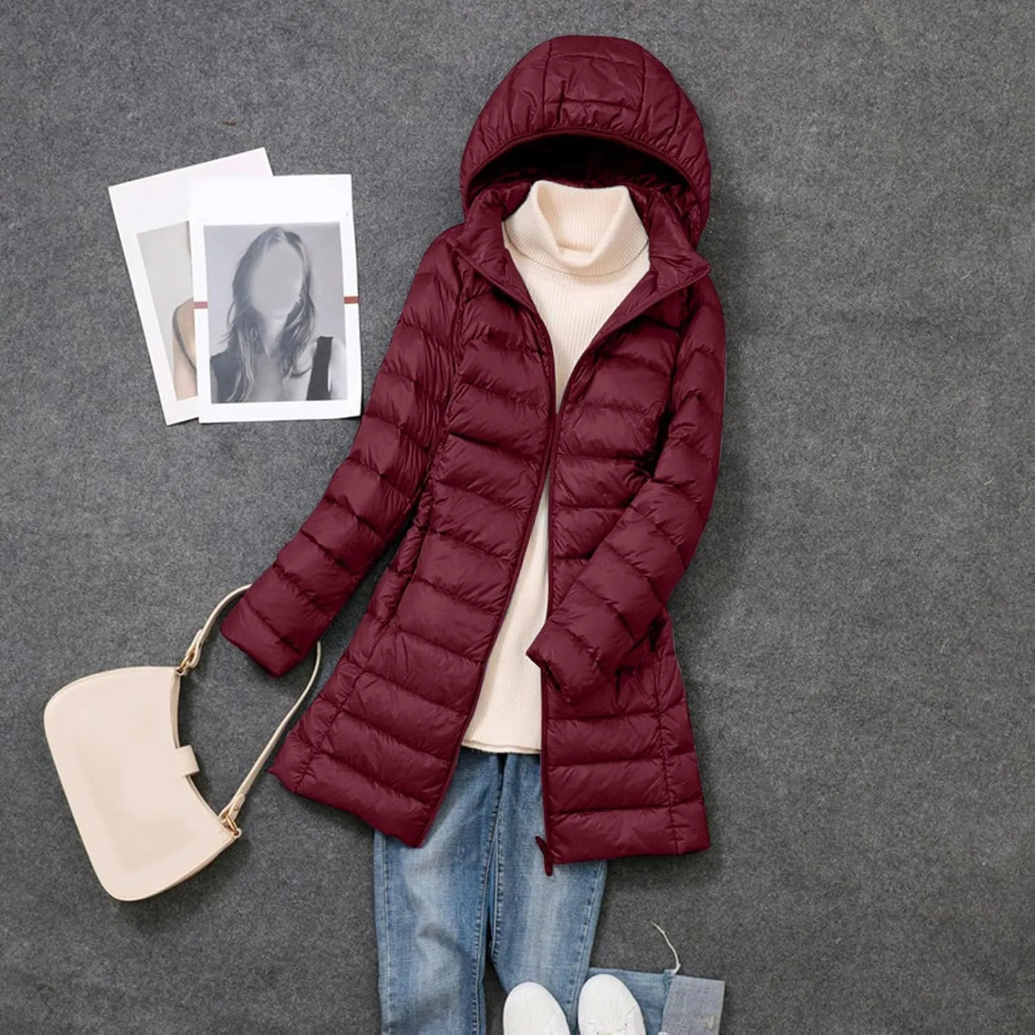 Women's Long Down Coat Hooded Winter Packable Puffer Jacket Ultra Light Quilted Winter Coat with Pocket Outerwear
