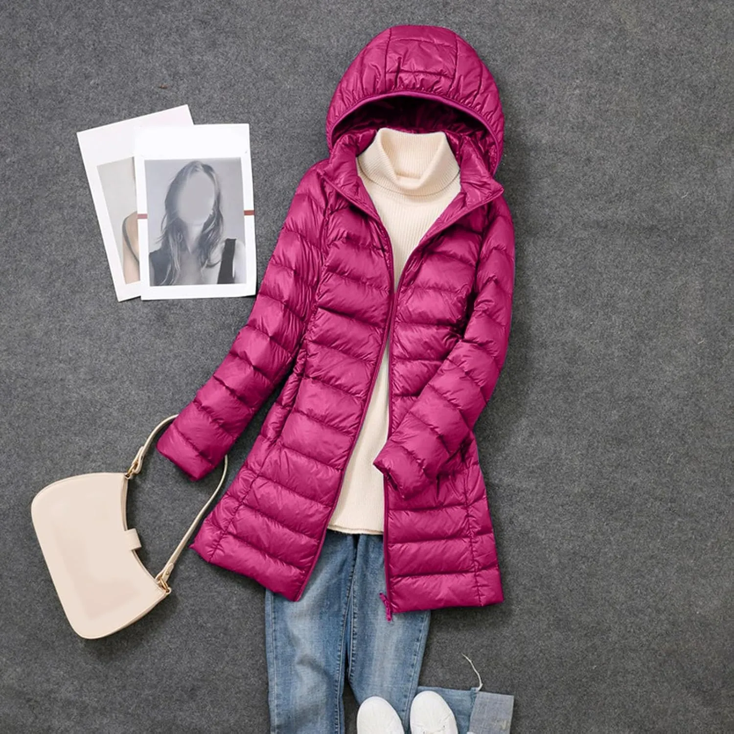 Women's Long Down Coat Hooded Winter Packable Puffer Jacket Ultra Light Quilted Winter Coat with Pocket Outerwear