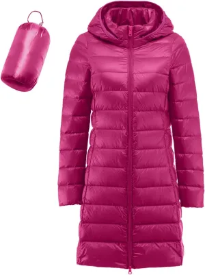 Women's Long Down Coat Hooded Winter Packable Puffer Jacket Ultra Light Quilted Winter Coat with Pocket Outerwear