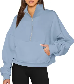 Womens Long Sleeve Half Zip Pullover Hoodies Solid Color Fall Winter Trendy Outfits With Pockets Loose Sweatshirts