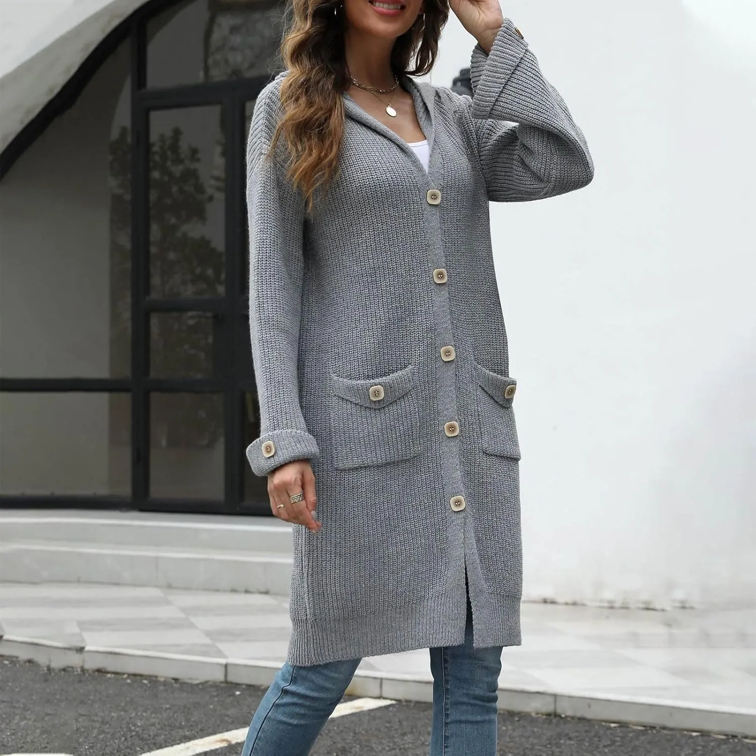 Women's Long Sleeve Snap Button Down Solid Color Knit Ribbed Neckline Cardigans Casual Fashion Coats Fall 2024