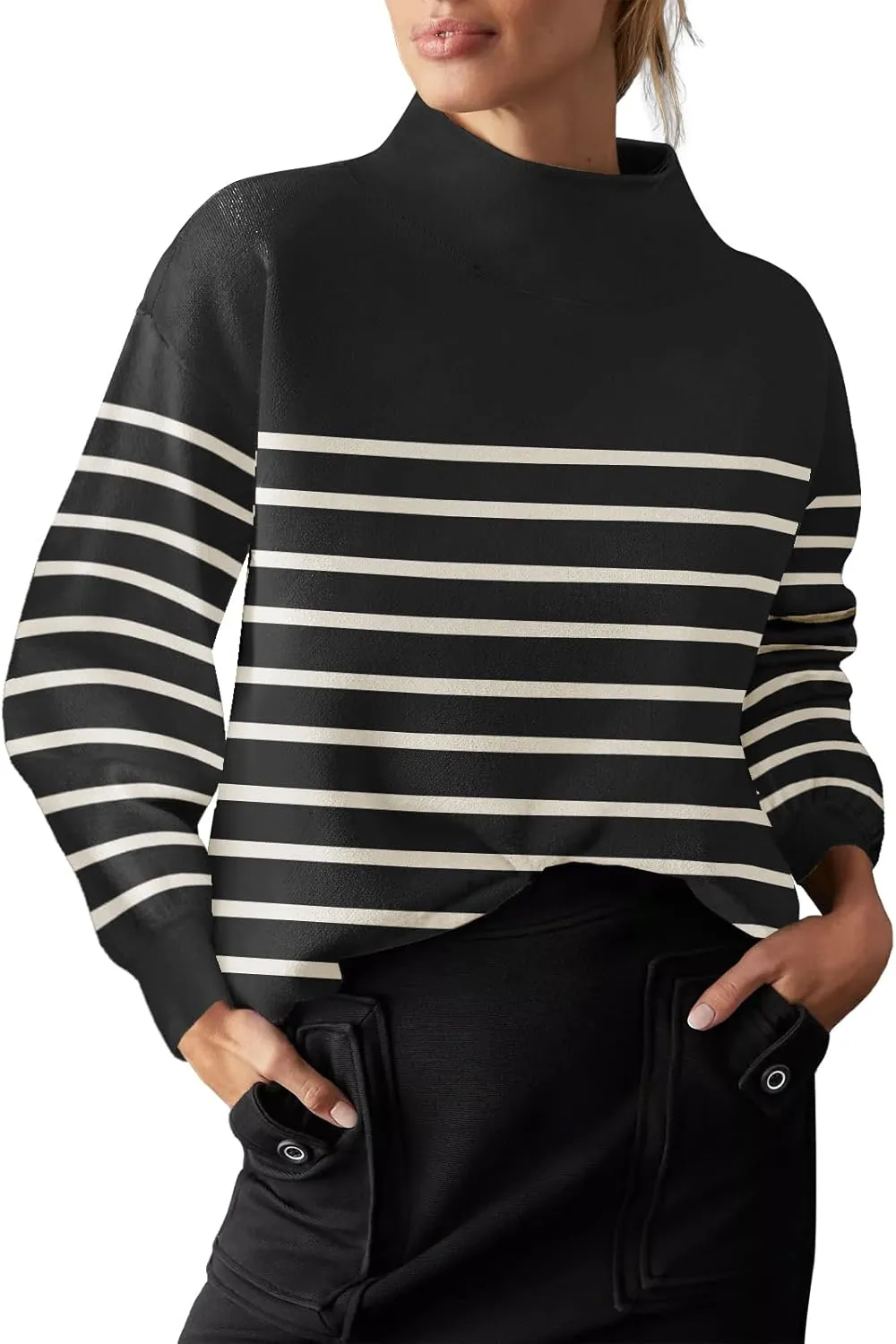 Womens Long Sleeve Sweater Loose Casual Turtleneck Soft Knitted Outwear Solid Knit Pullover Top