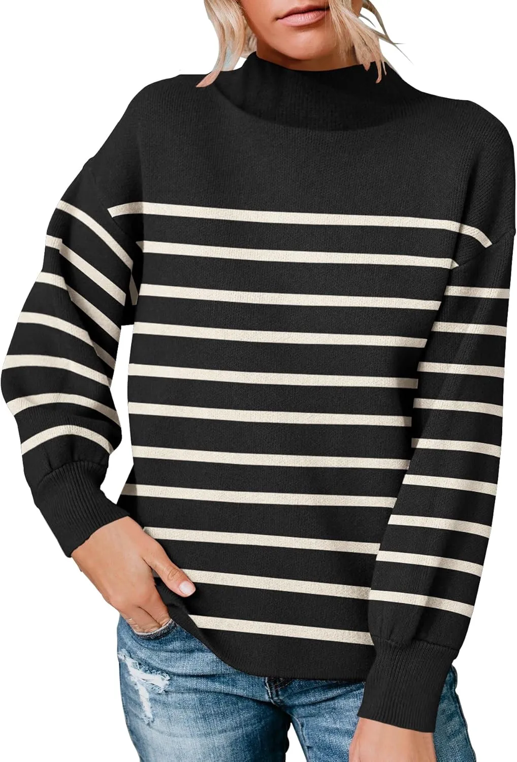 Womens Long Sleeve Sweater Loose Casual Turtleneck Soft Knitted Outwear Solid Knit Pullover Top