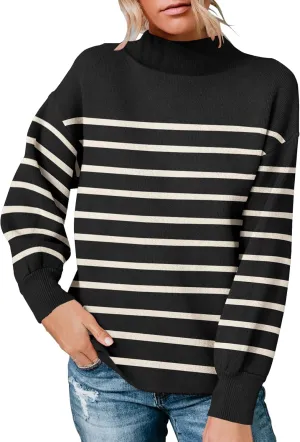Womens Long Sleeve Sweater Loose Casual Turtleneck Soft Knitted Outwear Solid Knit Pullover Top