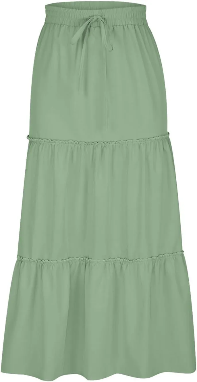 Women's Long Summer Skirts Boho Maxi Tiered Skirts Drawstring Waist A Line Skirts Solid Comfy Beach Skirt Resort Wear