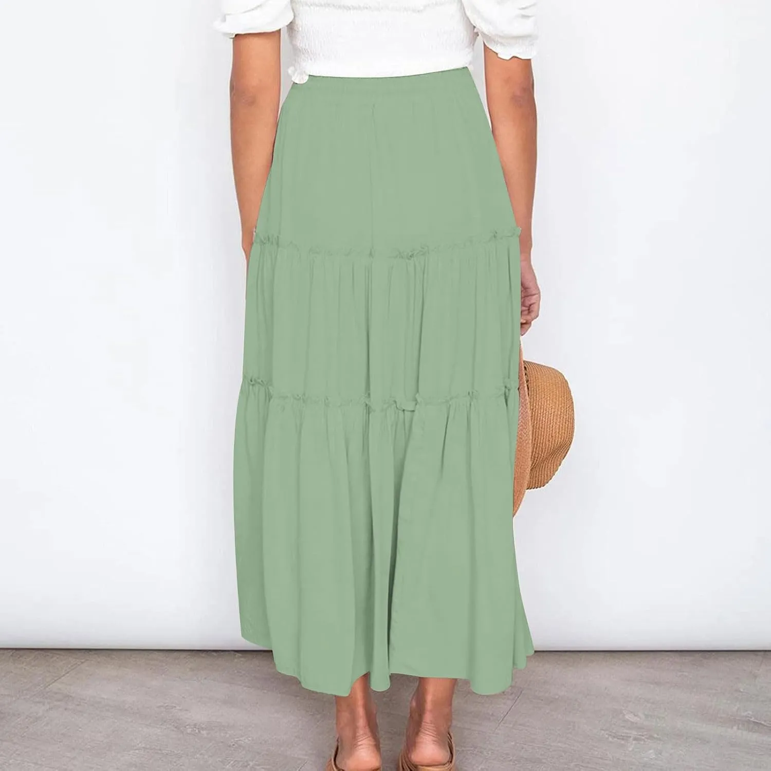 Women's Long Summer Skirts Boho Maxi Tiered Skirts Drawstring Waist A Line Skirts Solid Comfy Beach Skirt Resort Wear
