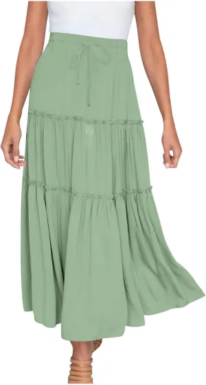 Women's Long Summer Skirts Boho Maxi Tiered Skirts Drawstring Waist A Line Skirts Solid Comfy Beach Skirt Resort Wear