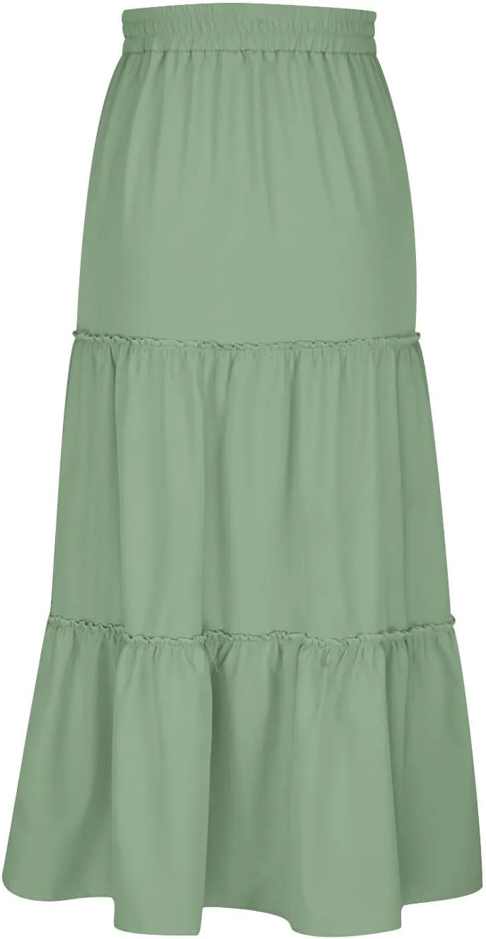 Women's Long Summer Skirts Boho Maxi Tiered Skirts Drawstring Waist A Line Skirts Solid Comfy Beach Skirt Resort Wear