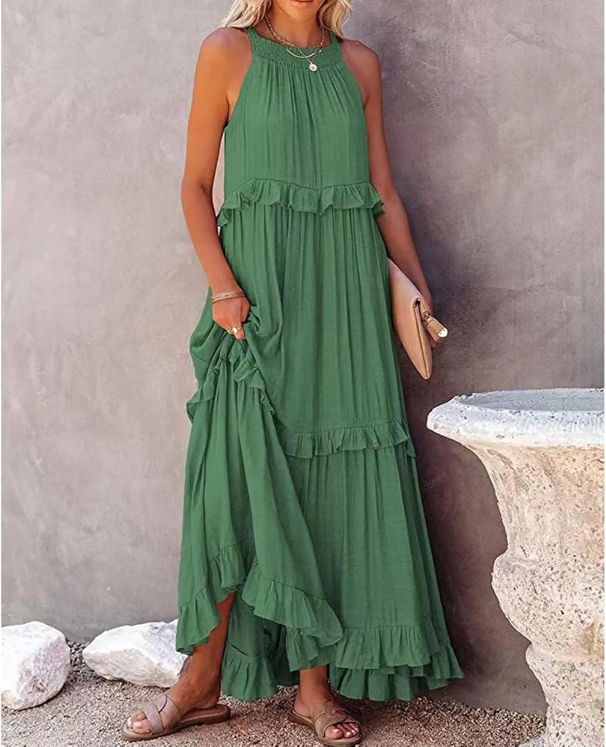 Women's Maxi Dress 2025 Boho Beach Sundress Sleeveless Smocked Halter Tiered Ruffle Dress Elegant Swing Long Dresses