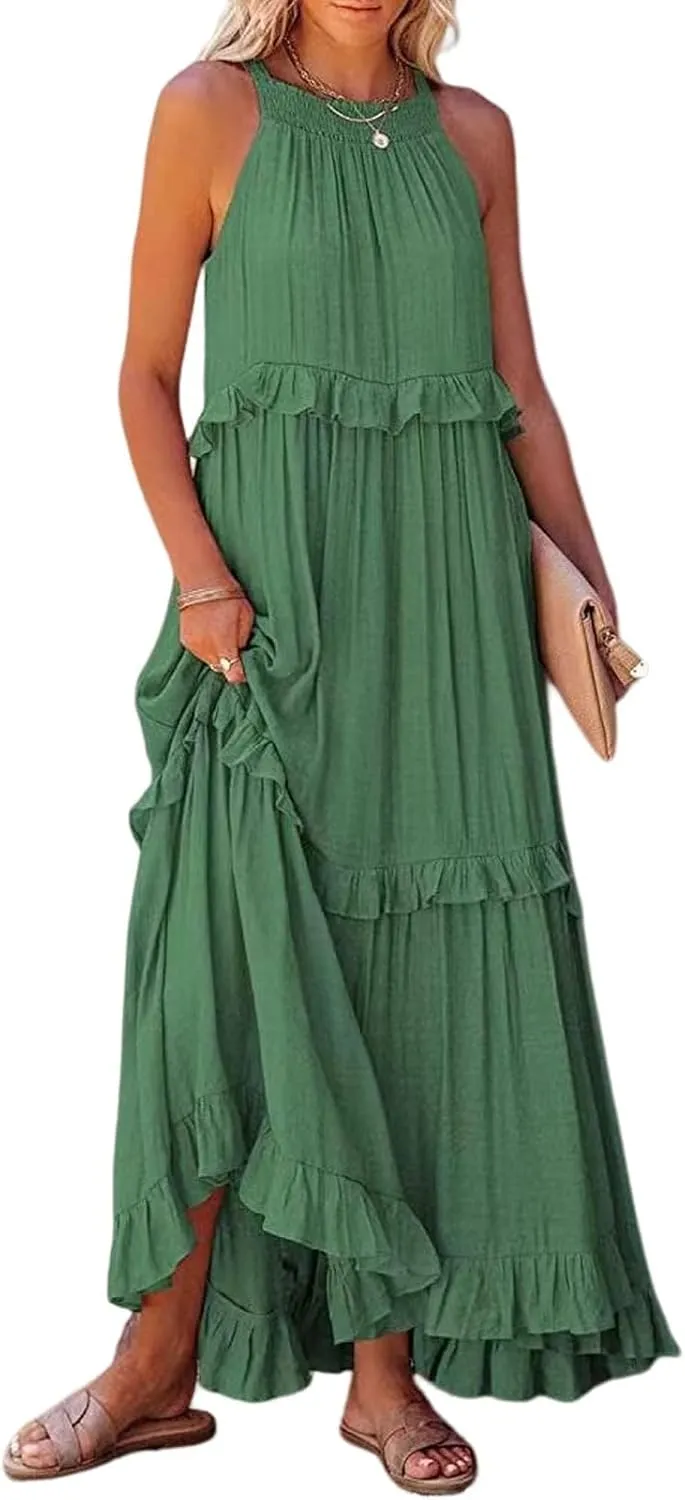 Women's Maxi Dress 2025 Boho Beach Sundress Sleeveless Smocked Halter Tiered Ruffle Dress Elegant Swing Long Dresses