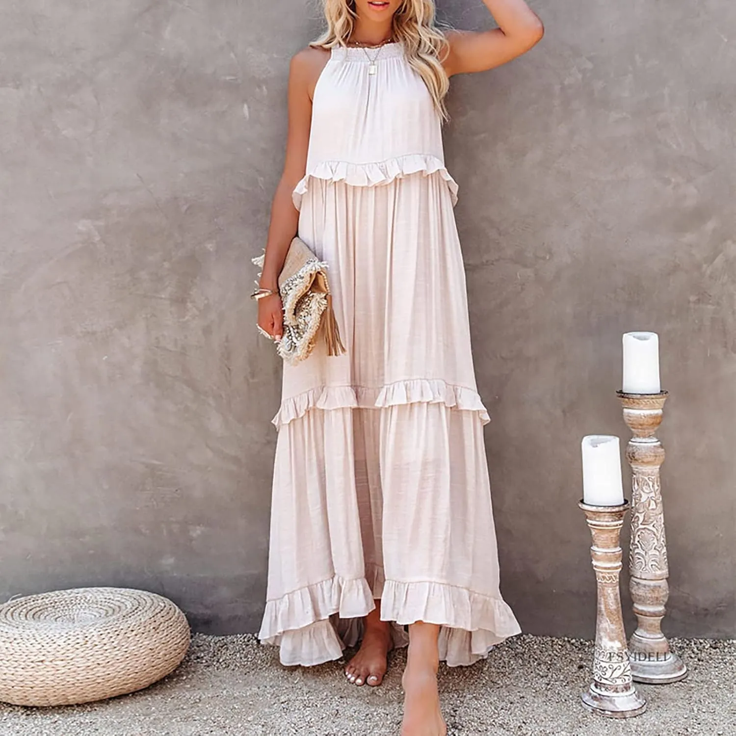 Women's Maxi Dress 2025 Boho Beach Sundress Sleeveless Smocked Halter Tiered Ruffle Dress Elegant Swing Long Dresses