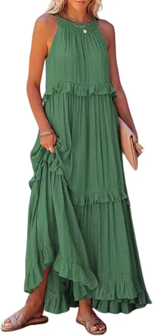 Women's Maxi Dress 2025 Boho Beach Sundress Sleeveless Smocked Halter Tiered Ruffle Dress Elegant Swing Long Dresses