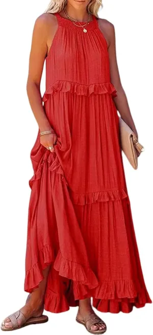 Women's Maxi Dress 2025 Boho Beach Sundress Sleeveless Smocked Halter Tiered Ruffle Dress Elegant Swing Long Dresses
