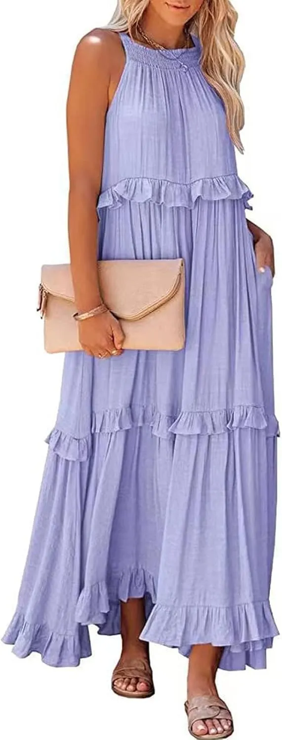 Women's Maxi Dress 2025 Boho Beach Sundress Sleeveless Smocked Halter Tiered Ruffle Dress Elegant Swing Long Dresses