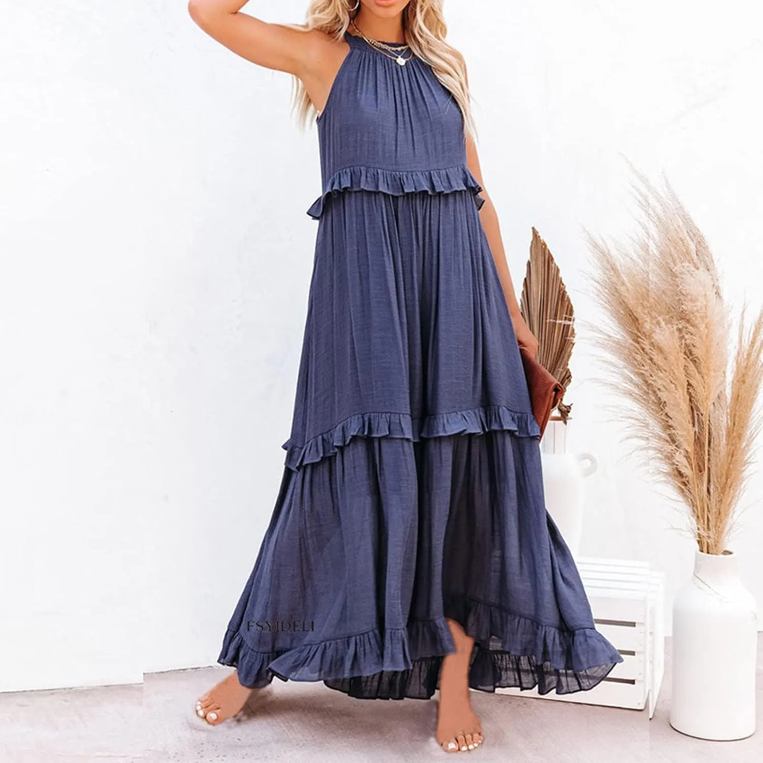 Women's Maxi Dress 2025 Boho Beach Sundress Sleeveless Smocked Halter Tiered Ruffle Dress Elegant Swing Long Dresses