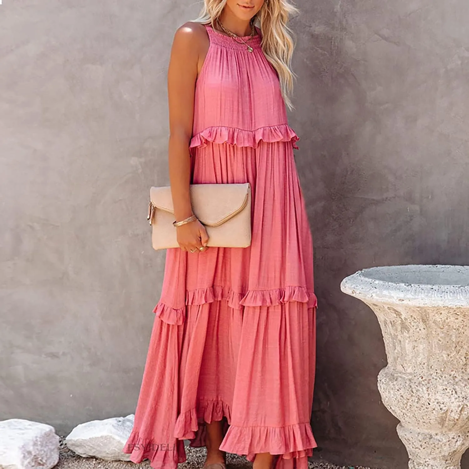 Women's Maxi Dress 2025 Boho Beach Sundress Sleeveless Smocked Halter Tiered Ruffle Dress Elegant Swing Long Dresses