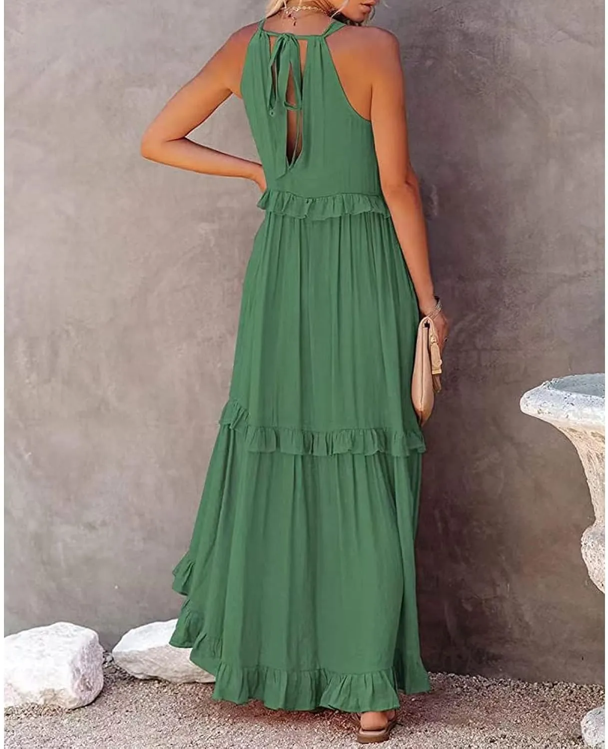 Women's Maxi Dress 2025 Boho Beach Sundress Sleeveless Smocked Halter Tiered Ruffle Dress Elegant Swing Long Dresses