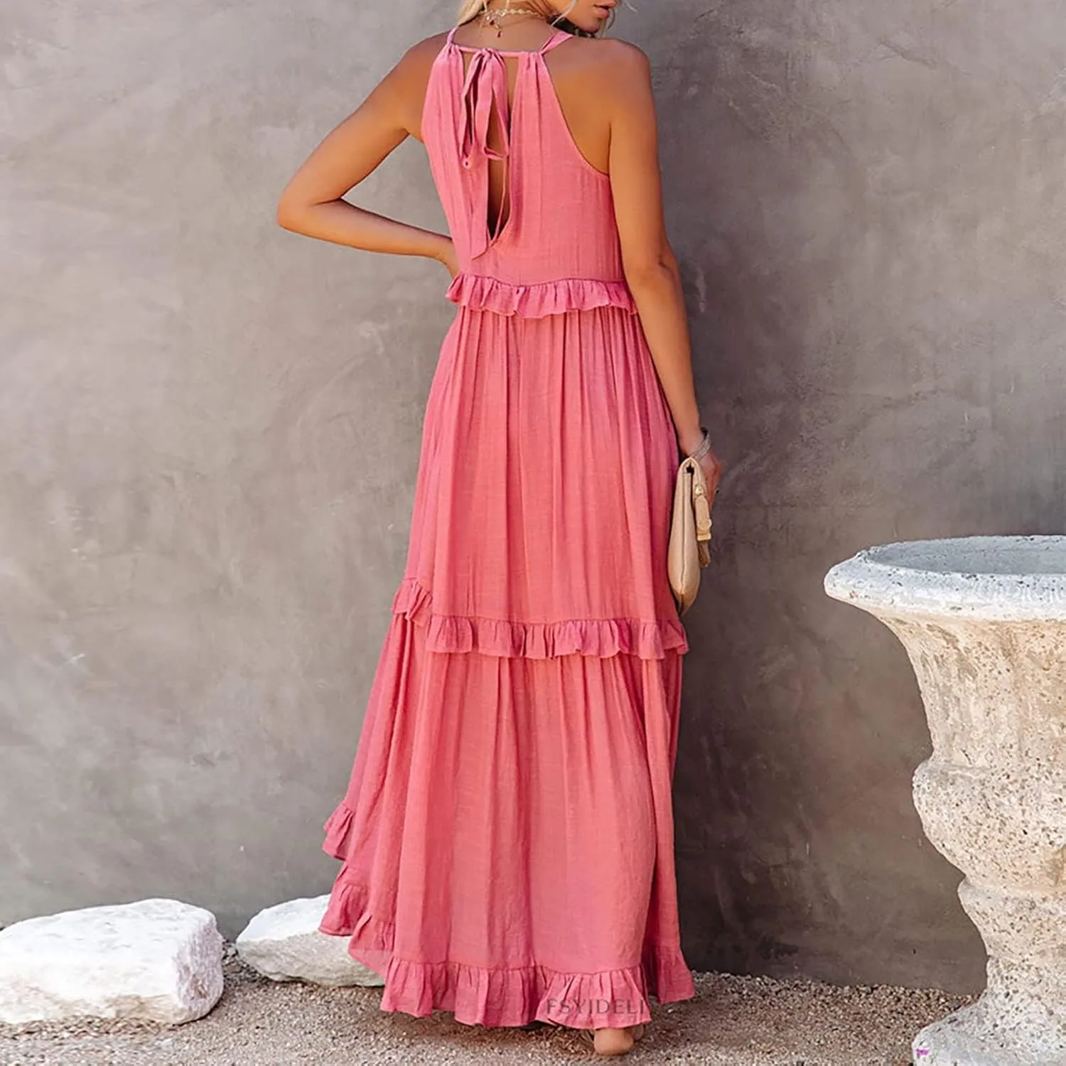 Women's Maxi Dress 2025 Boho Beach Sundress Sleeveless Smocked Halter Tiered Ruffle Dress Elegant Swing Long Dresses