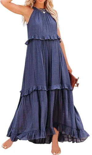 Women's Maxi Dress 2025 Boho Beach Sundress Sleeveless Smocked Halter Tiered Ruffle Dress Elegant Swing Long Dresses