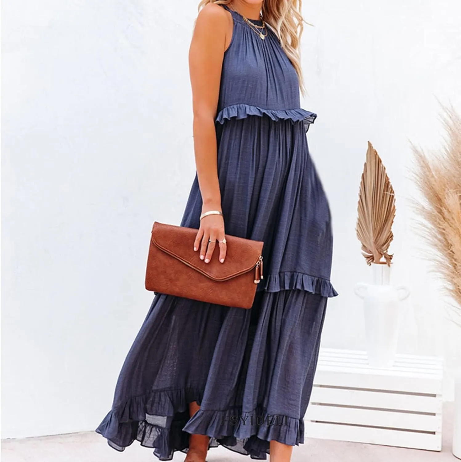 Women's Maxi Dress 2025 Boho Beach Sundress Sleeveless Smocked Halter Tiered Ruffle Dress Elegant Swing Long Dresses