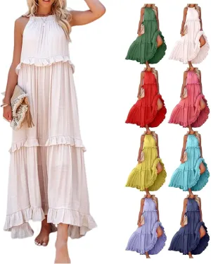 Women's Maxi Dress 2025 Boho Beach Sundress Sleeveless Smocked Halter Tiered Ruffle Dress Elegant Swing Long Dresses