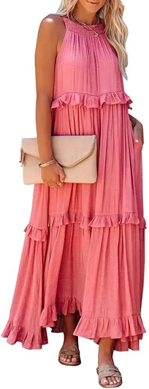 Women's Maxi Dress 2025 Boho Beach Sundress Sleeveless Smocked Halter Tiered Ruffle Dress Elegant Swing Long Dresses