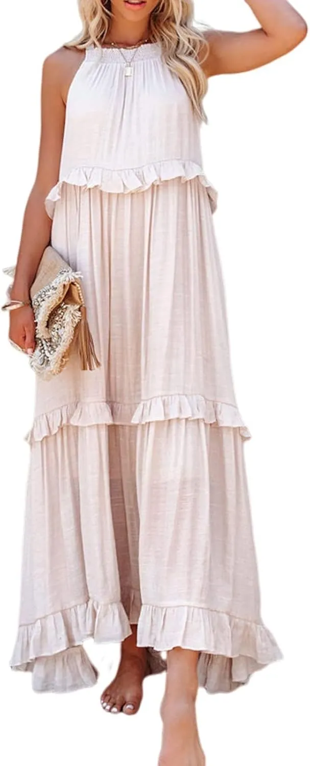 Women's Maxi Dress 2025 Boho Beach Sundress Sleeveless Smocked Halter Tiered Ruffle Dress Elegant Swing Long Dresses