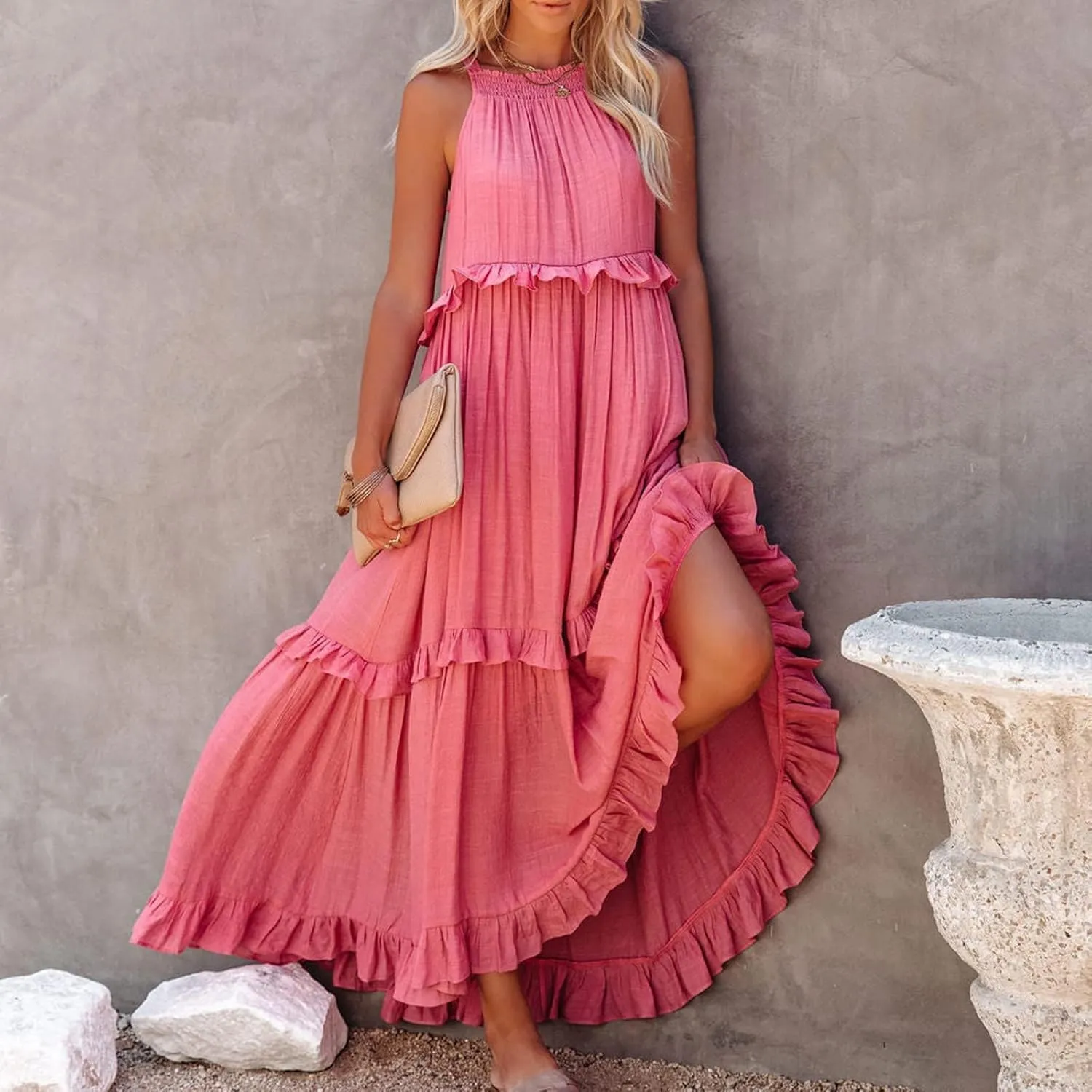Women's Maxi Dress 2025 Boho Beach Sundress Sleeveless Smocked Halter Tiered Ruffle Dress Elegant Swing Long Dresses