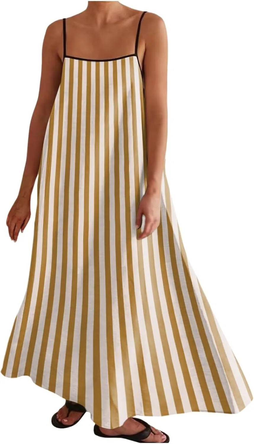 Womens Maxi Dress Summer Spaghetti Strap Maxi Dress Sleeveless Backless Flowy Long Beach Dresses 2025