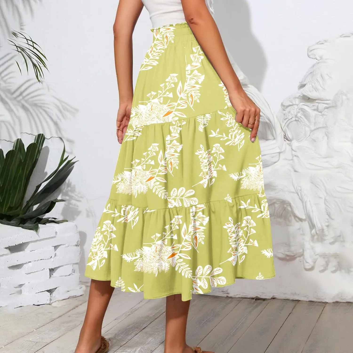 Women's Midi Skirts High Waist A-Line Tiered Flowy Swing Skirt Boho Floral Printed Cocktail Party Flared Skirts