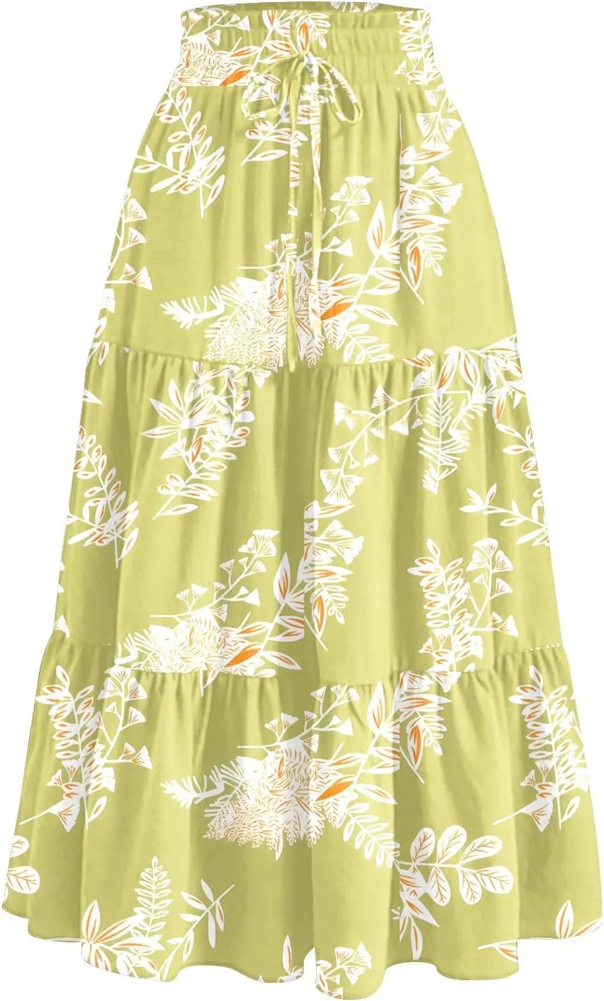 Women's Midi Skirts High Waist A-Line Tiered Flowy Swing Skirt Boho Floral Printed Cocktail Party Flared Skirts