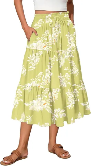 Women's Midi Skirts High Waist A-Line Tiered Flowy Swing Skirt Boho Floral Printed Cocktail Party Flared Skirts