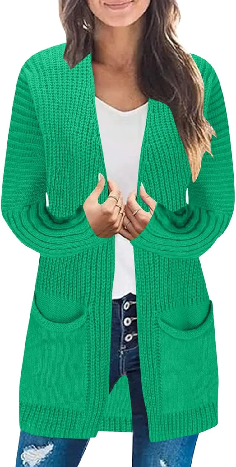 Women's Open Front Cardigan Sweater Chunky Knit Batwing Sleeve Long Outerwear Fall Winter Casual Coats with Pockets