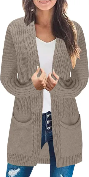 Women's Open Front Cardigan Sweater Chunky Knit Batwing Sleeve Long Outerwear Fall Winter Casual Coats with Pockets