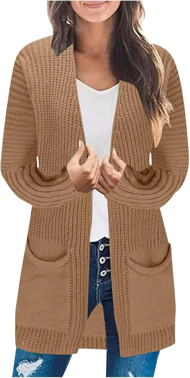 Women's Open Front Cardigan Sweater Chunky Knit Batwing Sleeve Long Outerwear Fall Winter Casual Coats with Pockets
