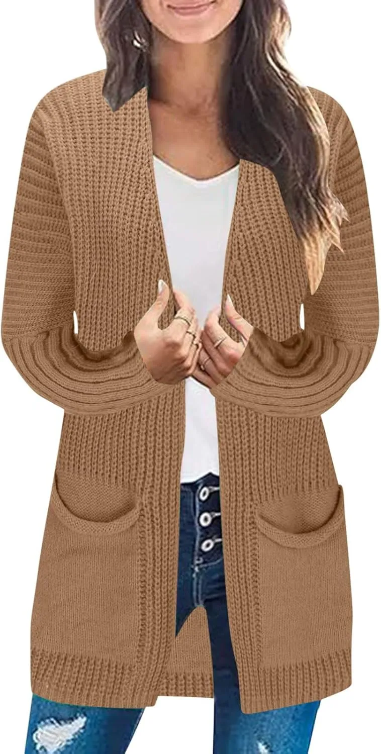 Women's Open Front Cardigan Sweater Chunky Knit Batwing Sleeve Long Outerwear Fall Winter Casual Coats with Pockets
