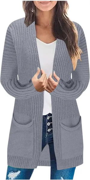 Women's Open Front Cardigan Sweater Chunky Knit Batwing Sleeve Long Outerwear Fall Winter Casual Coats with Pockets