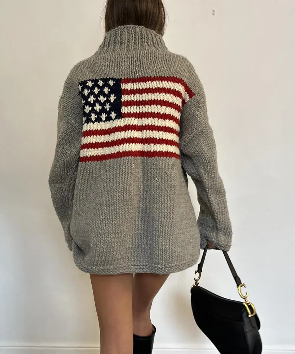 Women's Oversized American Flag Sweater Long Sleeve Turtleneck Knit USA Sweaters Fall Chunky Warm Pullover Tops