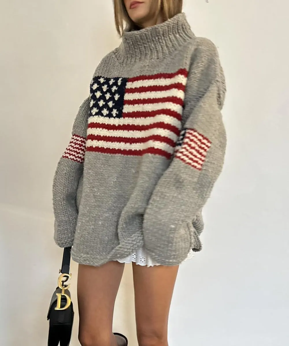 Women's Oversized American Flag Sweater Long Sleeve Turtleneck Knit USA Sweaters Fall Chunky Warm Pullover Tops