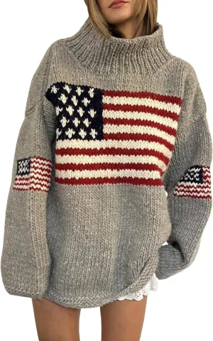 Women's Oversized American Flag Sweater Long Sleeve Turtleneck Knit USA Sweaters Fall Chunky Warm Pullover Tops