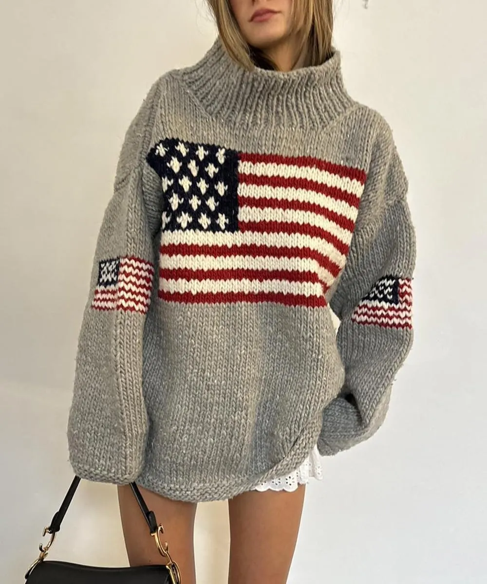 Women's Oversized American Flag Sweater Long Sleeve Turtleneck Knit USA Sweaters Fall Chunky Warm Pullover Tops