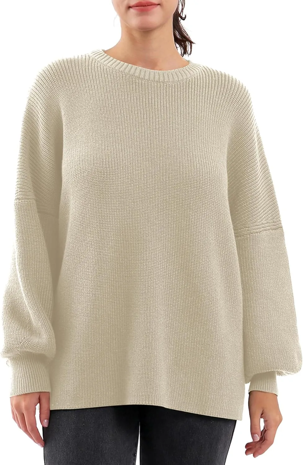 Womens Oversized Chunky Sweaters Long Lantern Sleeve Crewneck Ribbed Loose Knit Pullover Fall Casual Tops