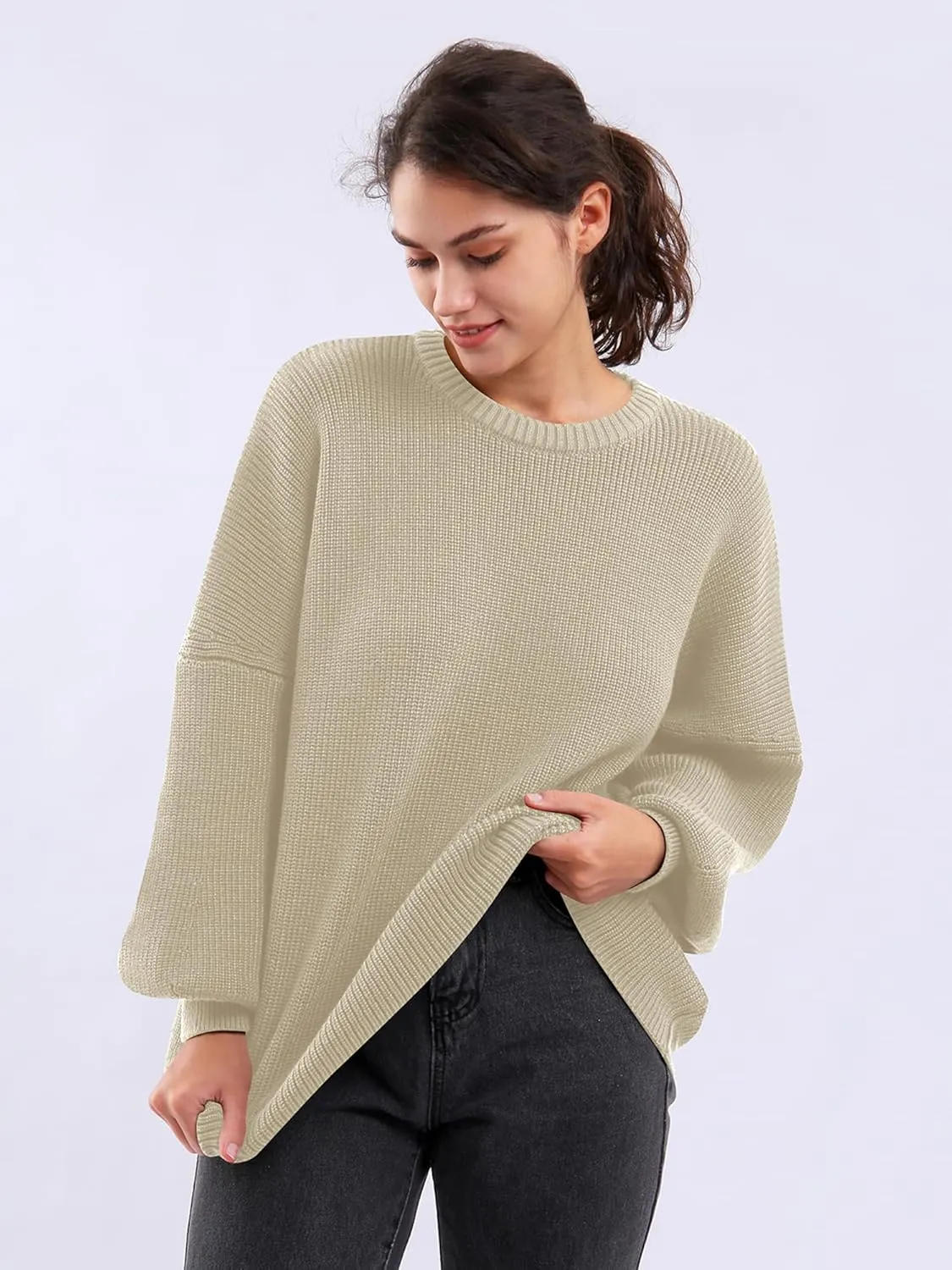 Womens Oversized Chunky Sweaters Long Lantern Sleeve Crewneck Ribbed Loose Knit Pullover Fall Casual Tops