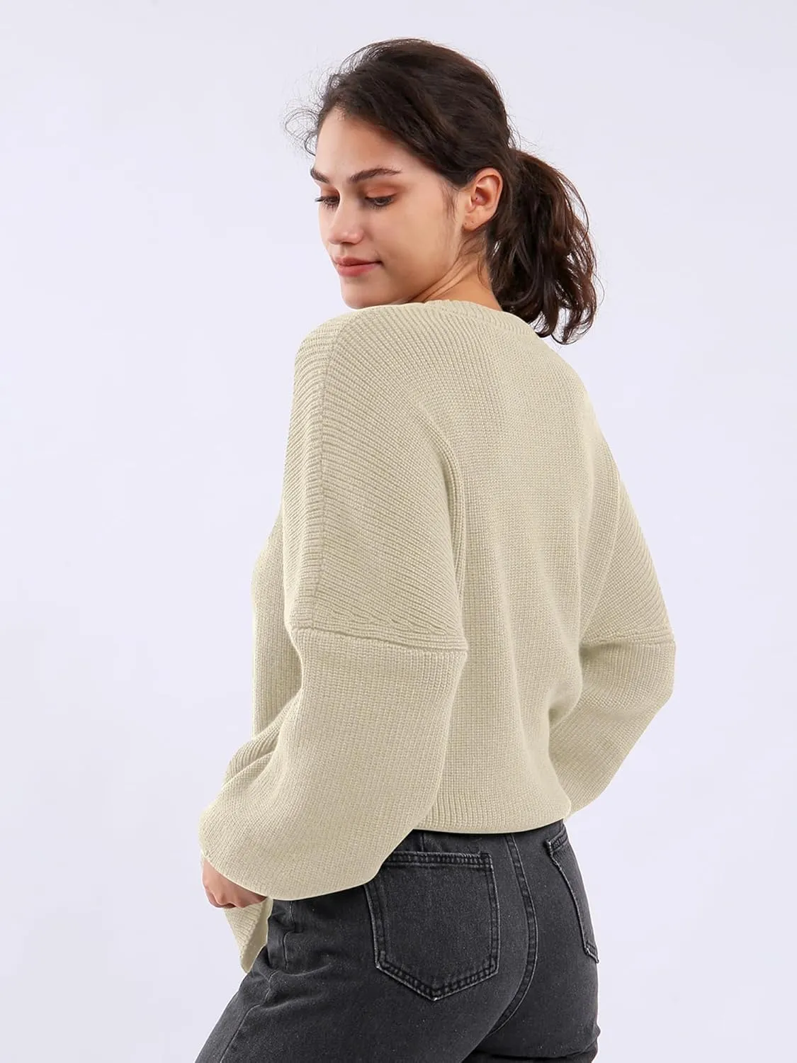 Womens Oversized Chunky Sweaters Long Lantern Sleeve Crewneck Ribbed Loose Knit Pullover Fall Casual Tops