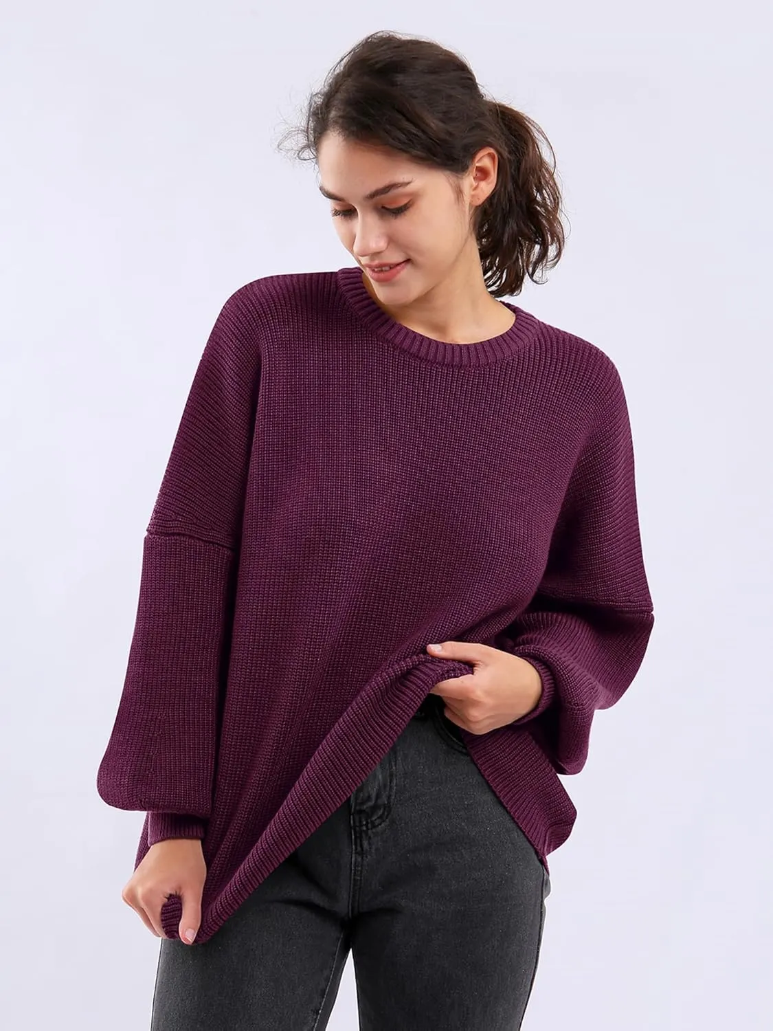 Womens Oversized Chunky Sweaters Long Lantern Sleeve Crewneck Ribbed Loose Knit Pullover Fall Casual Tops