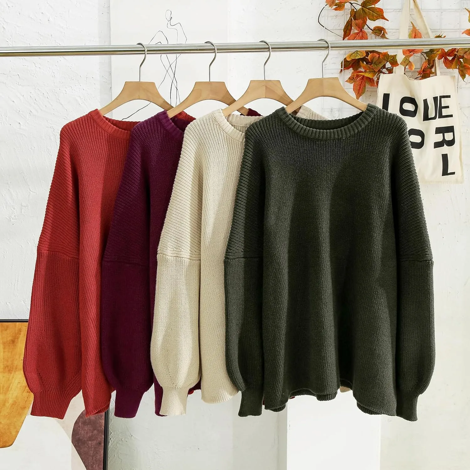 Womens Oversized Chunky Sweaters Long Lantern Sleeve Crewneck Ribbed Loose Knit Pullover Fall Casual Tops