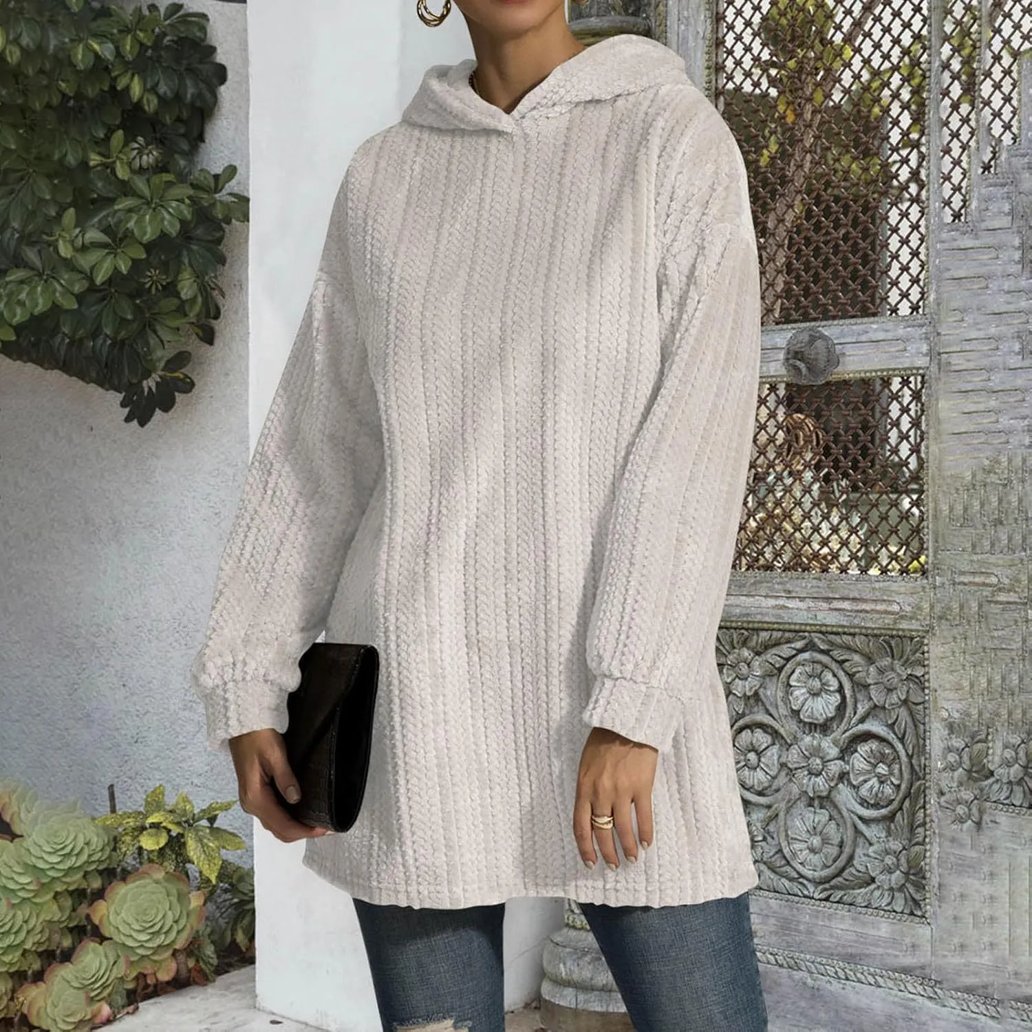 Womens Oversized Hoodies Crewneck Long Sleeve Hooded Sweatshirts Fleece Pullover Shirt Cute Tunic Top Spring Clothes