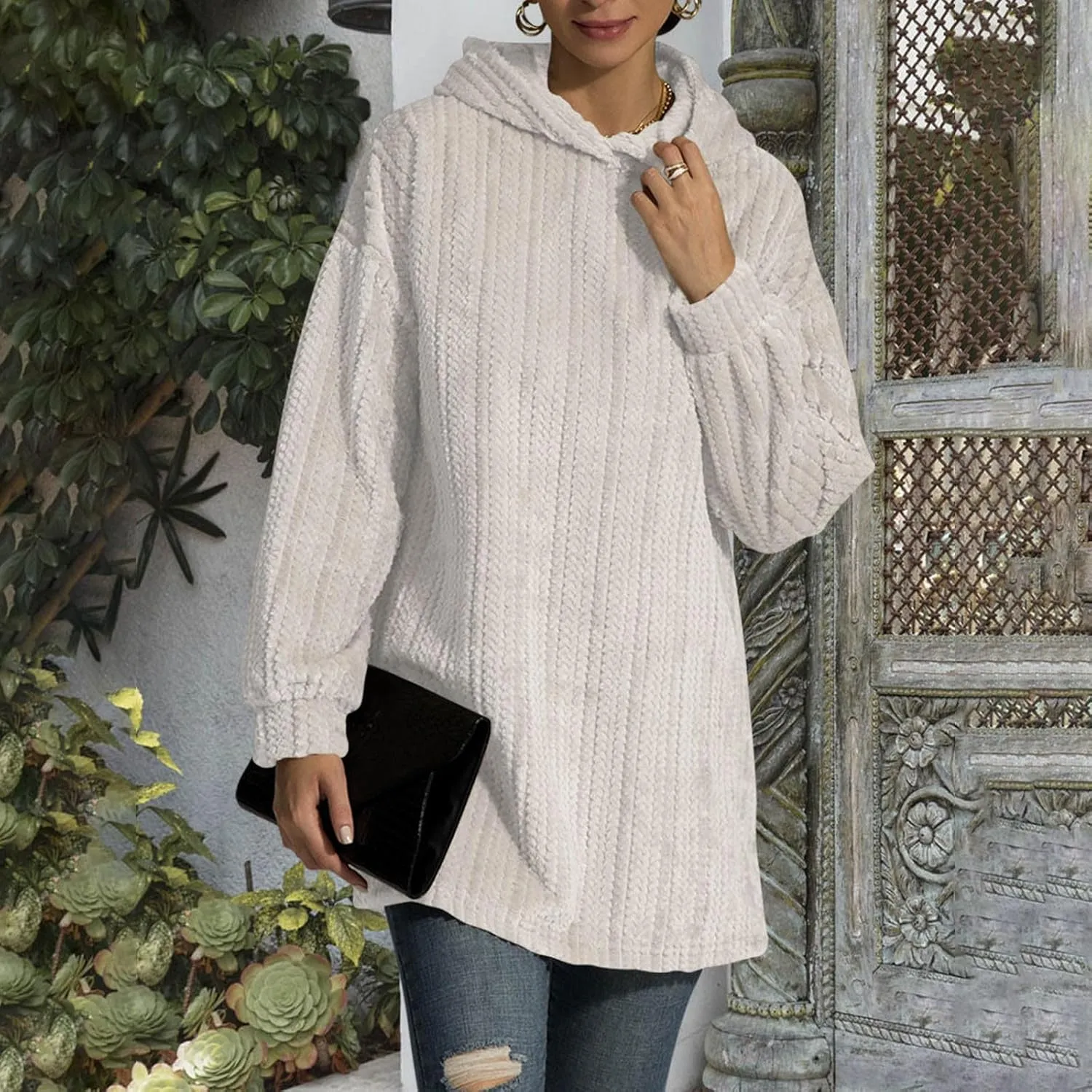 Womens Oversized Hoodies Crewneck Long Sleeve Hooded Sweatshirts Fleece Pullover Shirt Cute Tunic Top Spring Clothes