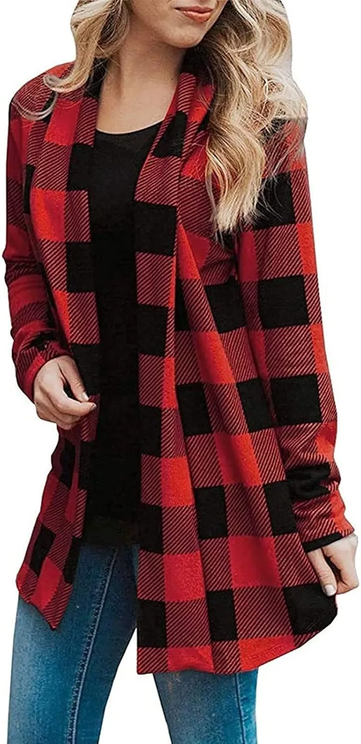 Womens Oversized Plaid Cardigan Jacket Lightweight Trendy Open Front Mid-Length Outerwears Work Business Casual Coats
