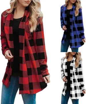 Womens Oversized Plaid Cardigan Jacket Lightweight Trendy Open Front Mid-Length Outerwears Work Business Casual Coats